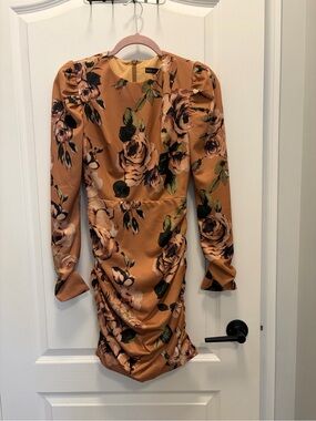 Floral Ruched Long Sleeve Dress in Mustard